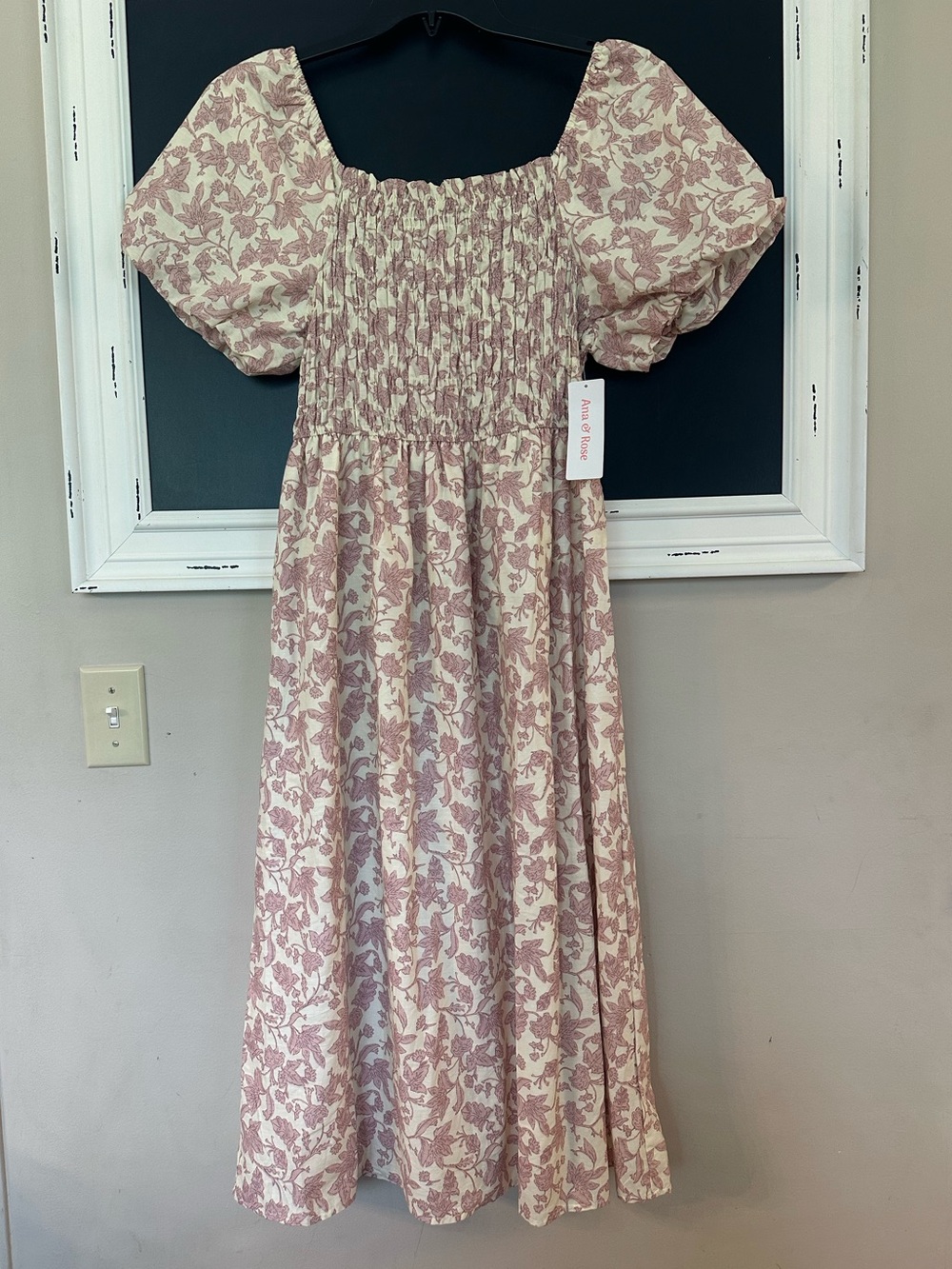 Ana & Rose Cream/Dusty Rose Smocked Puff Sleeve Cottagecore Midi Dress NWT